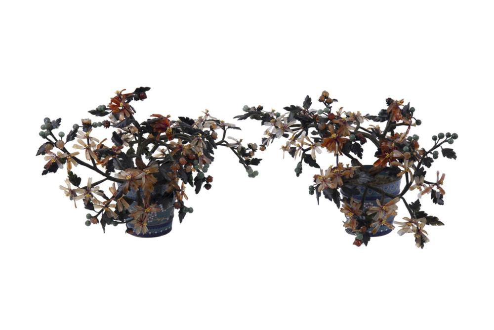 PAIR OF CHINESE JADE TREES IN CLOISONNE