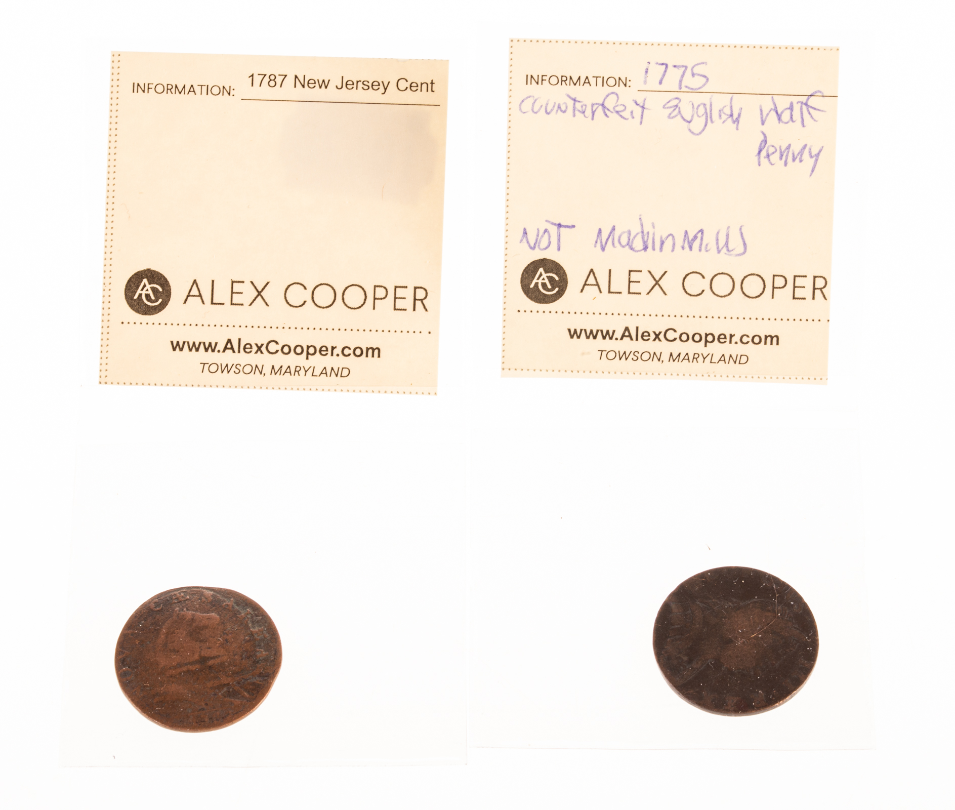 A PAIR OF COLONIAL COINS 1787 New Jersey