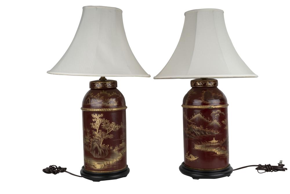 PAIR OF RED TOLE CANISTER LAMPSin