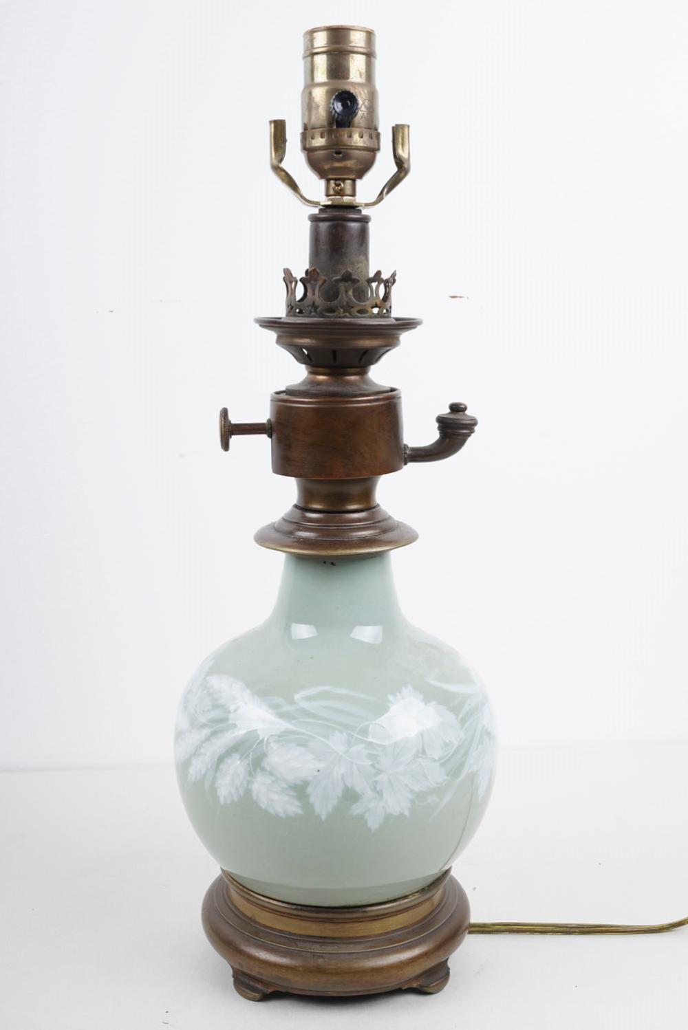 FRENCH CELADON BRONZE-MOUNTED LAMPelectrified