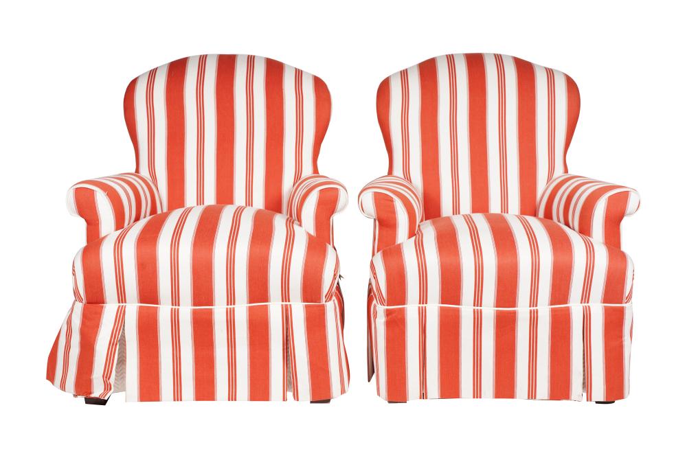 PAIR OF ORANGE STRIPED CLUB CHAIRS30 335e28