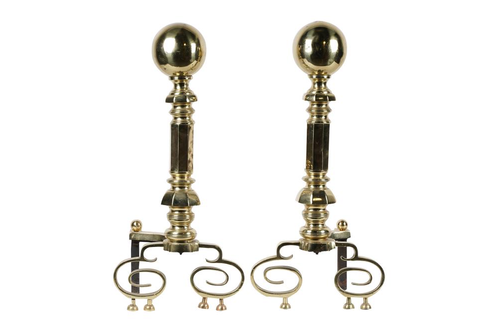 PAIR OF BRASS CANNONBALL ANDIRONS25 335e29