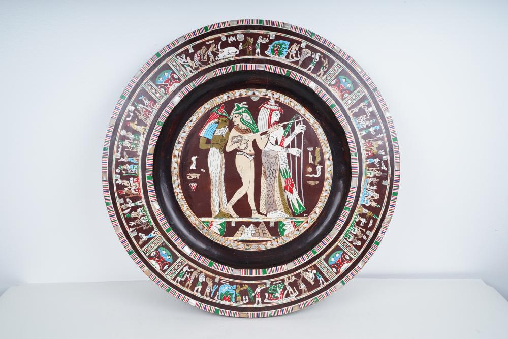 EGYPTIANESQUE INLAID WOOD CHARGERpolychrome