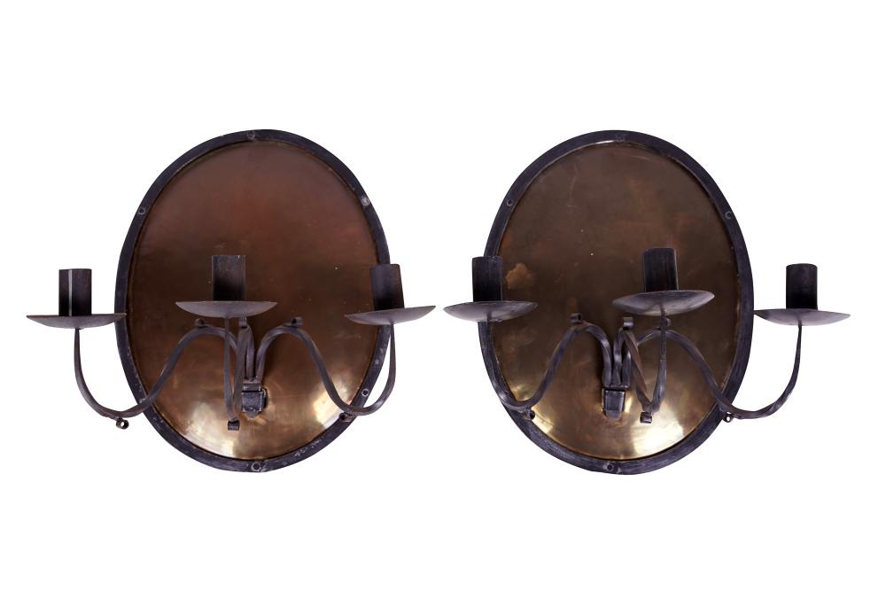 PAIR OF BRASS & COPPER THREE-LIGHT