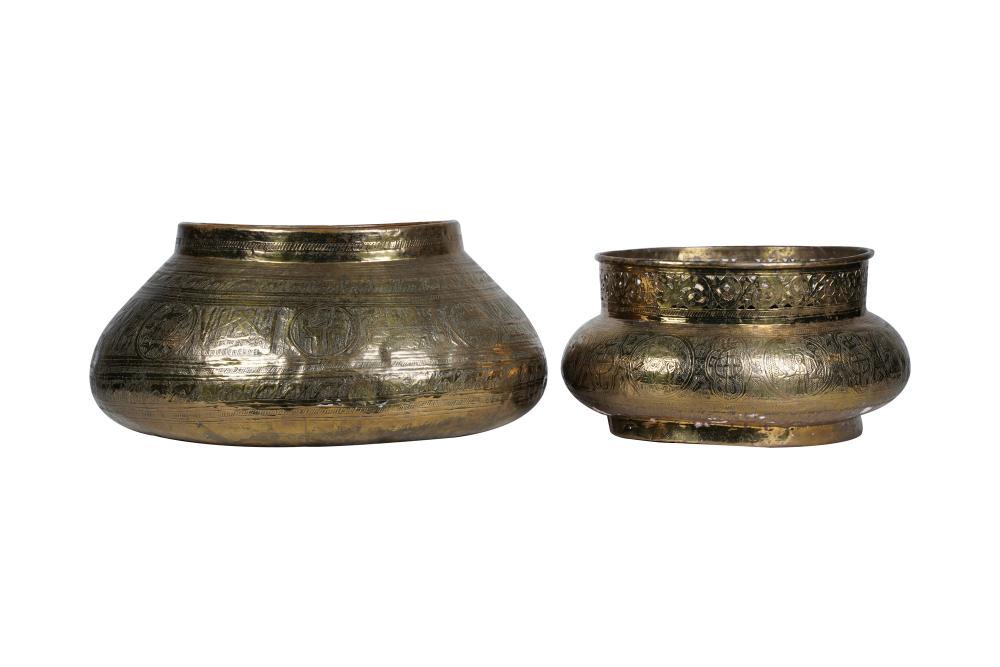 TWO PERSIAN INCISED BRASS PLANTERSeach
