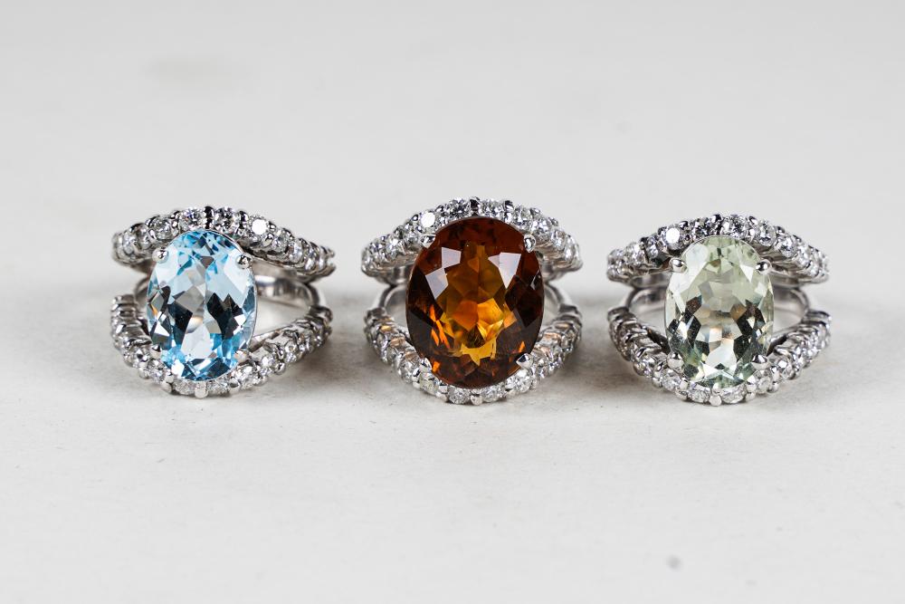 THREE 10 KARAT WHITE GOLD, COLORED-STONE