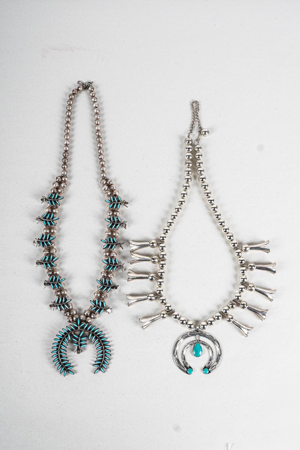 TWO SILVER & TURQUOISE SQUASH BLOSSOM