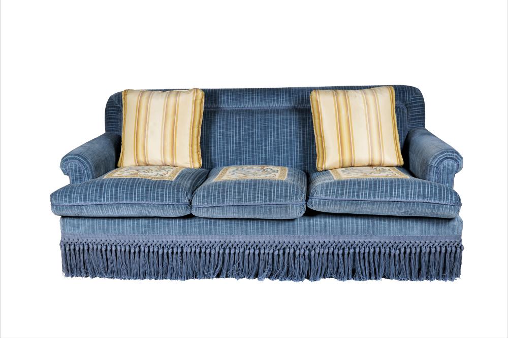 BLUE UPHOLSTERED SOFAwith sewn in panels
