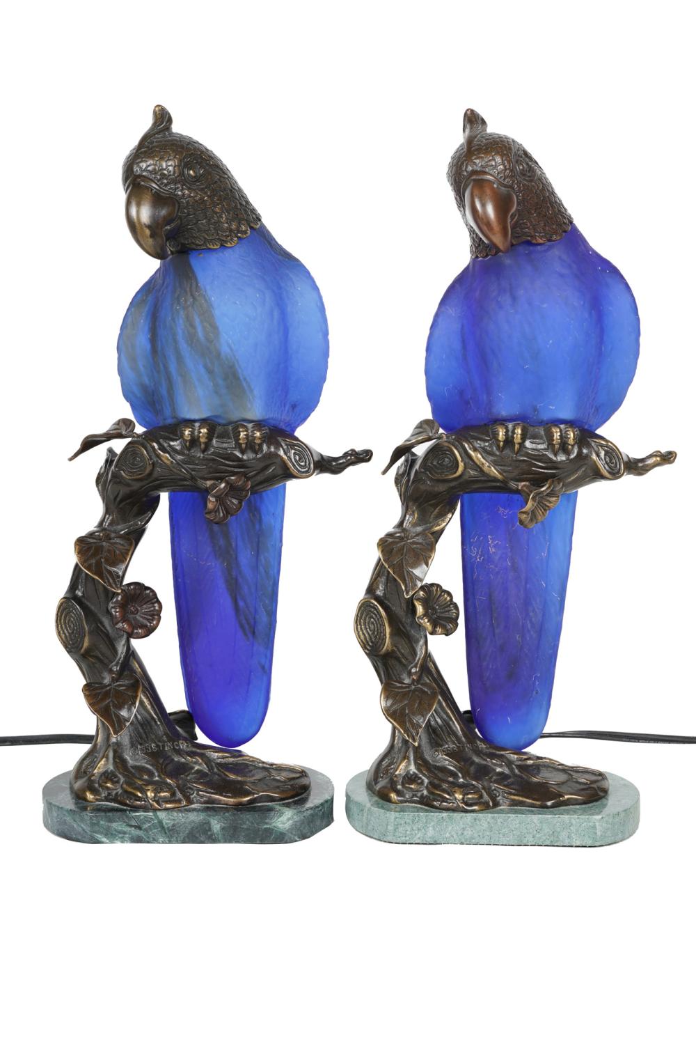 PAIR OF TINCHI BRONZE & GLASS PARROT-FORM