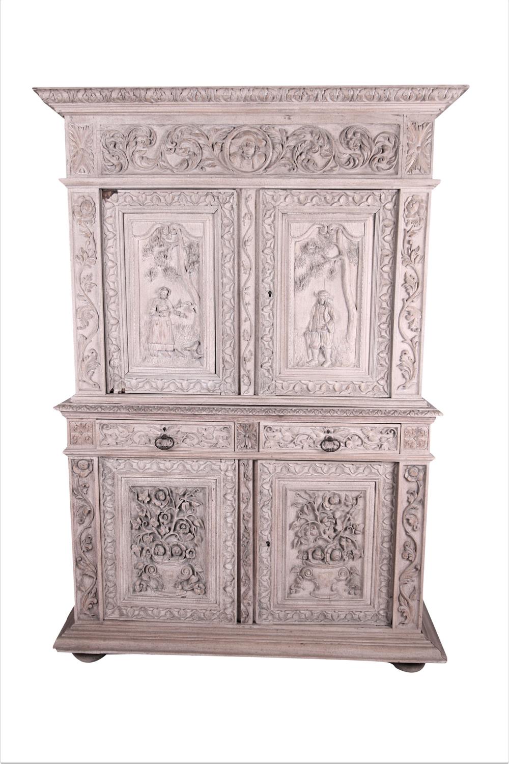 PAINTED CARVED OAK CABINETin two