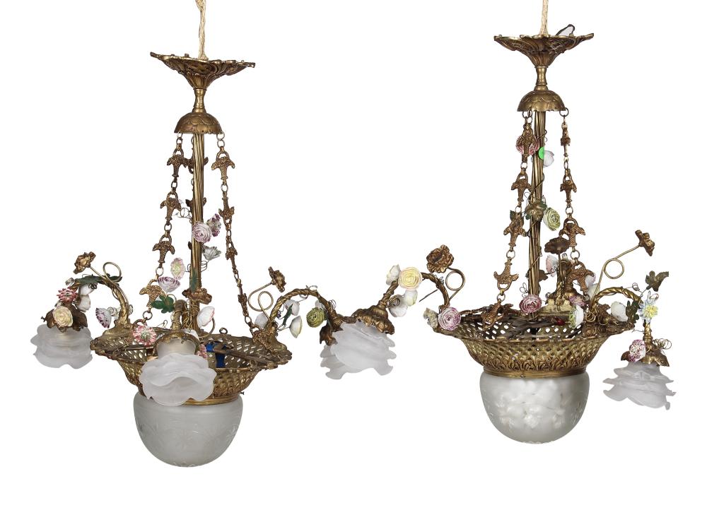 PAIR OF BRONZE PORCELAIN CHANDELIERSwith 33620e