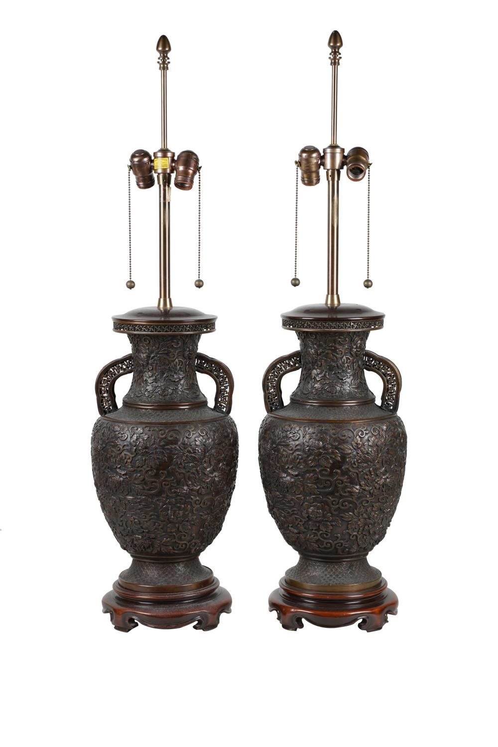 PAIR OF CHINESE STYLE METAL URNSmounted 336323