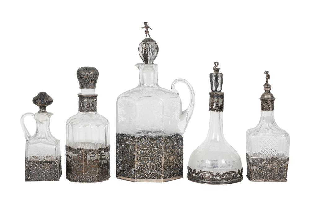 FIVE SILVER & ETCHED GLASS BOTTLESwith