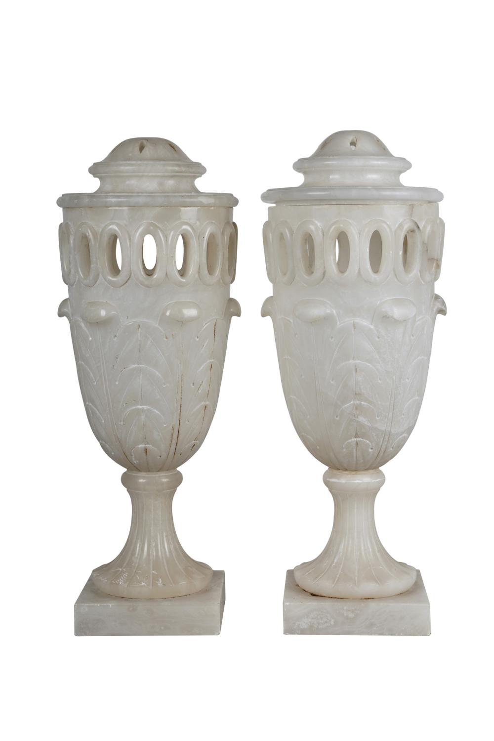 PAIR OF CARVED ALABASTER URNS24 33640d