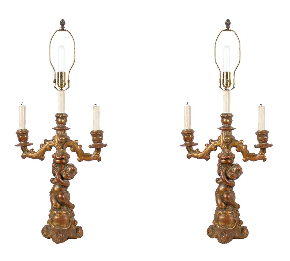 PAIR OF FIGURAL GILT WOOD CANDELABRAeach