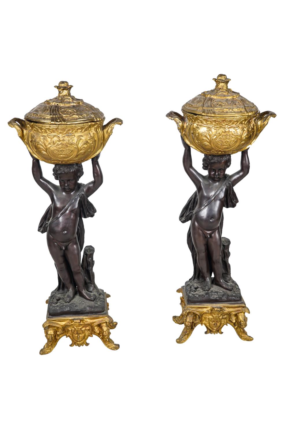 PAIR OF BRONZE CHERUB FIGURESpatinated