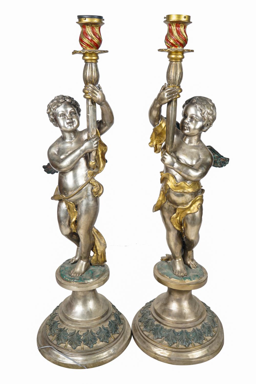 PAIR OF CHERUB TORCHIERE LAMPSpolychrome 33675c