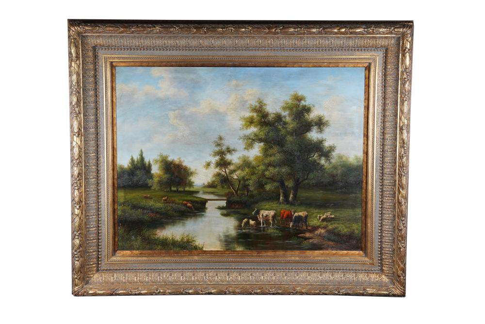 COWS IN RIVER LANDSCAPEoil on canvas