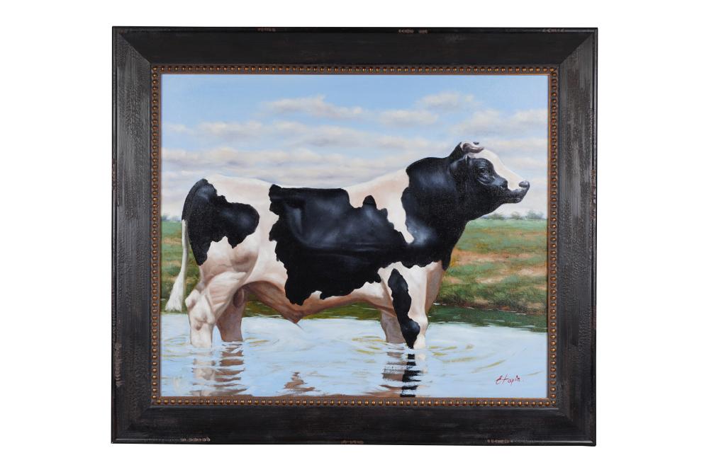 FRAMED PAINTING COW IN PONDacrylic 3367a6