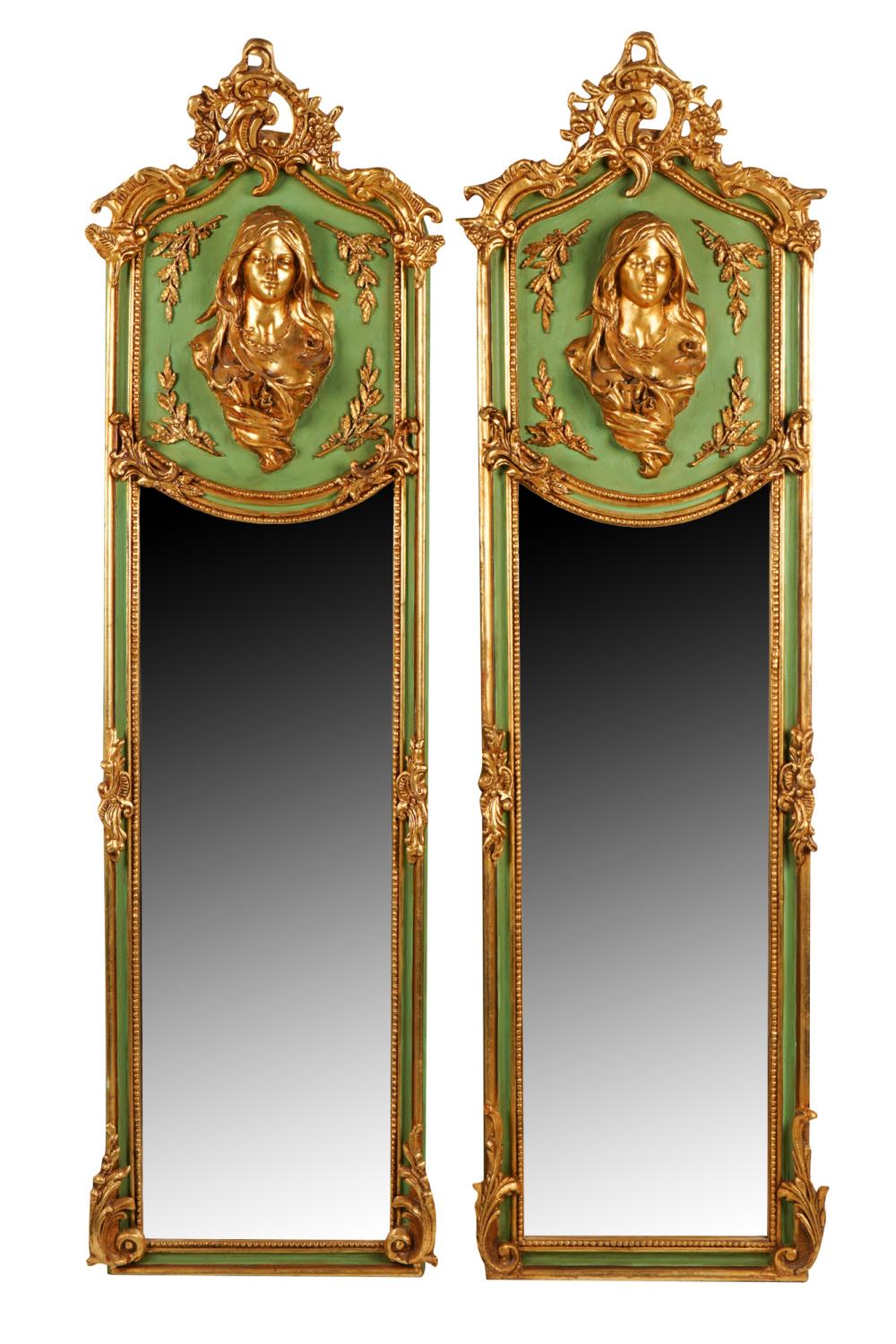 TWO GREEN-PAINTED & GILT CARVED