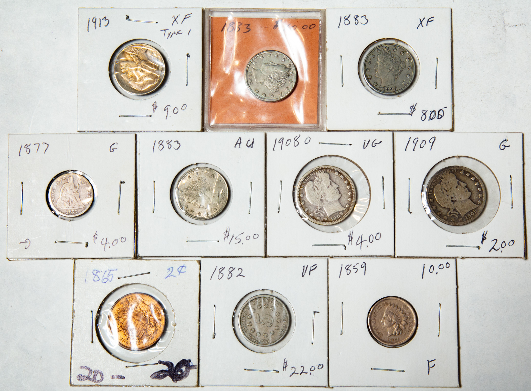 TEN US TYPE COINS 1859 Indian (F