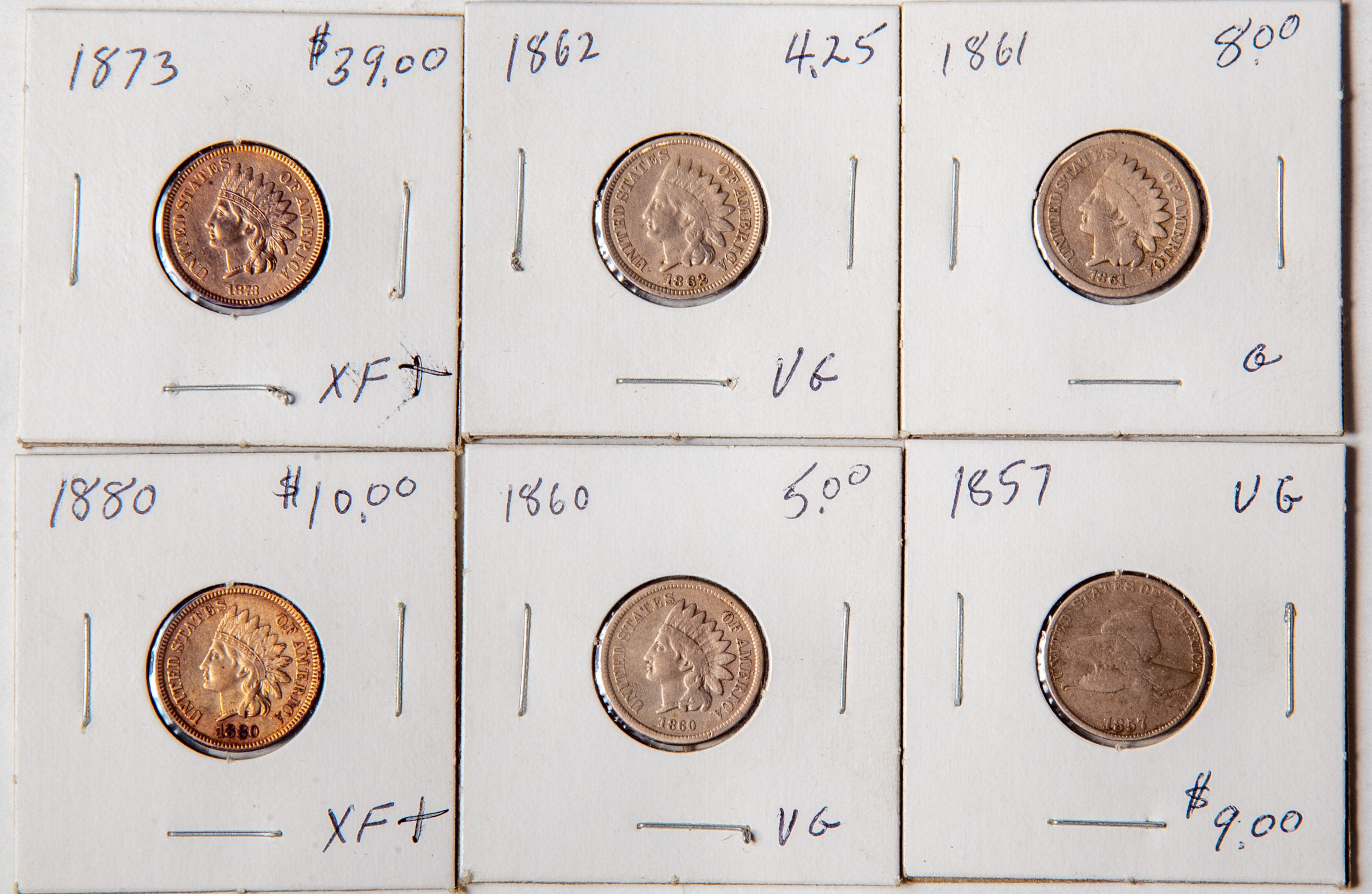 HALF DOZEN INDIAN CENTS 1857 VG,