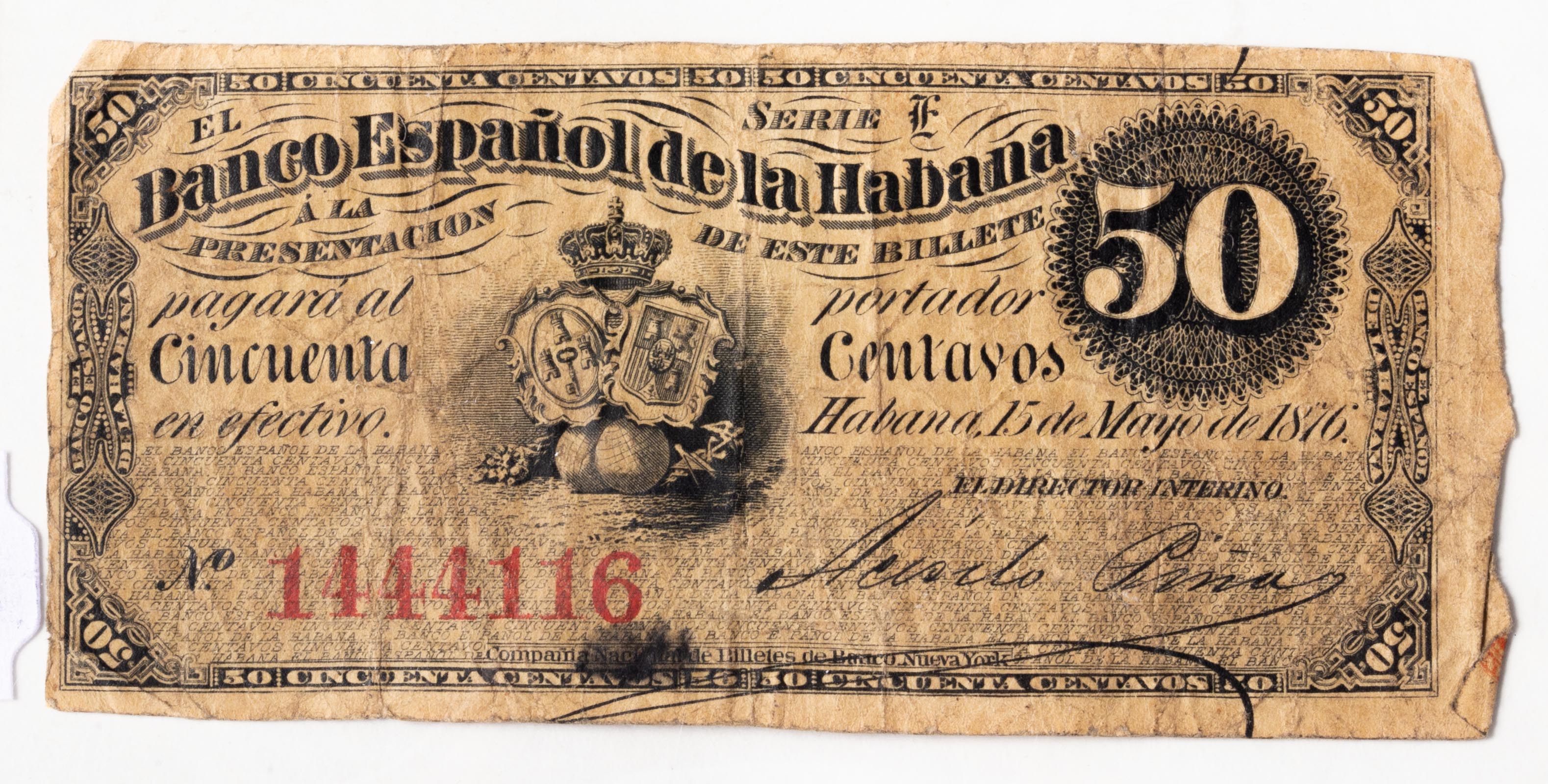 1876 CUBA 50 CENTAVOS CURRENCY