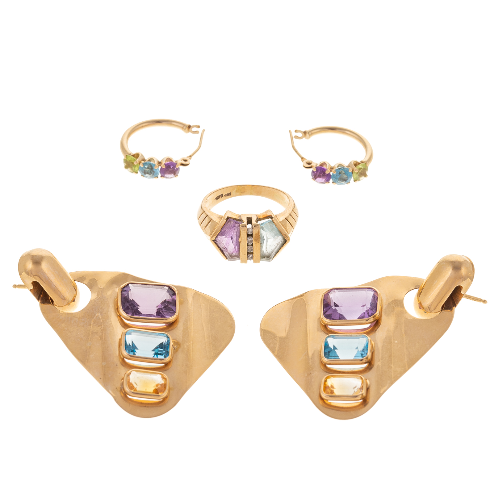 A 14K MULTI-GEMSTONE RING & EARRINGS