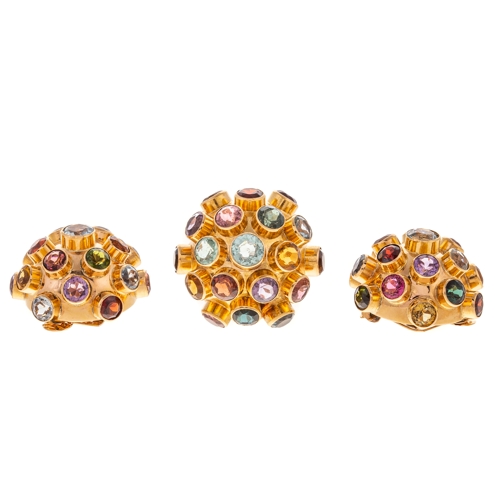 A MULTI-GEMSTONE SPUTNIK RING & EARRINGS