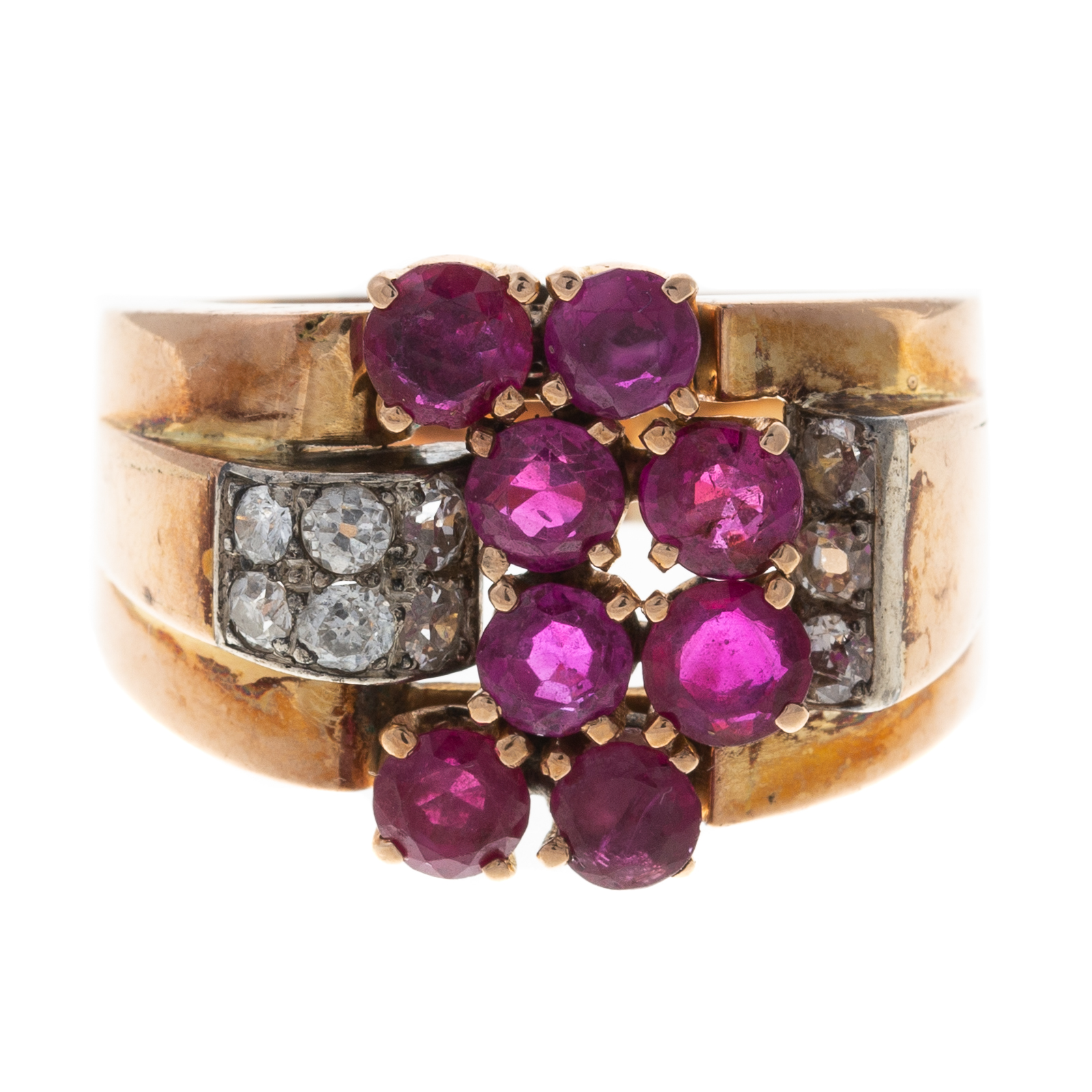 A RETRO RUBY & DIAMOND BUCKLE RING