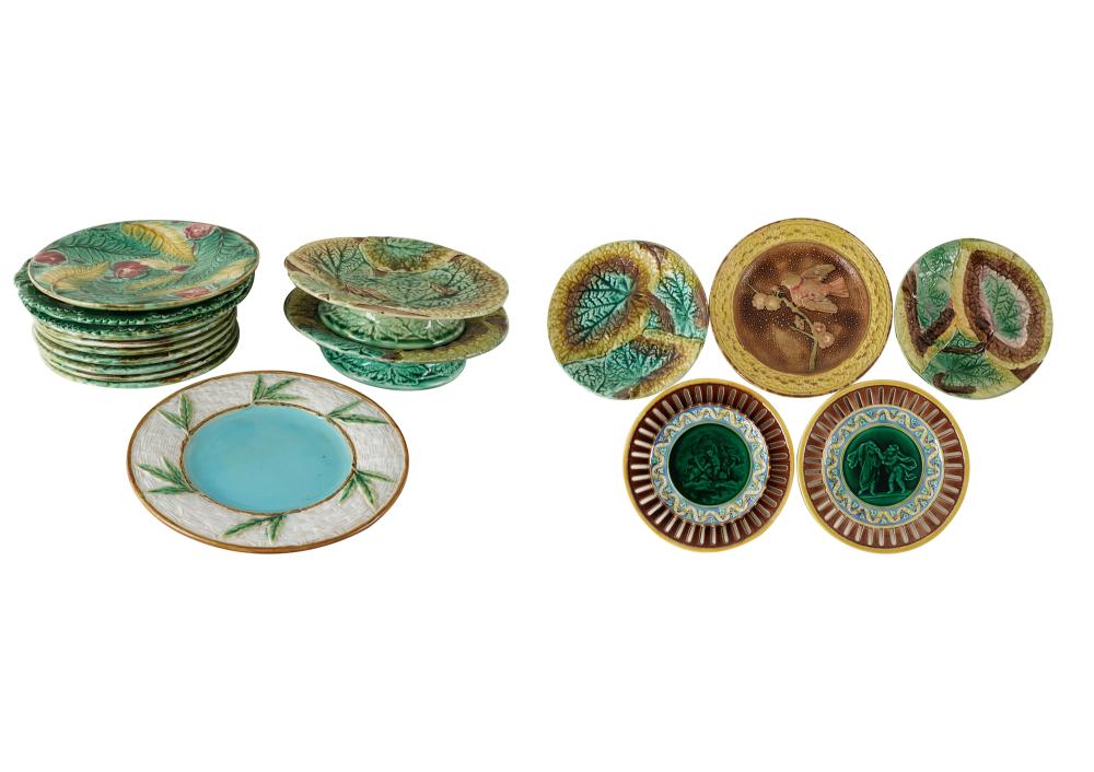GROUP OF MAJOLICA PLATES & COMPOTEScomprising