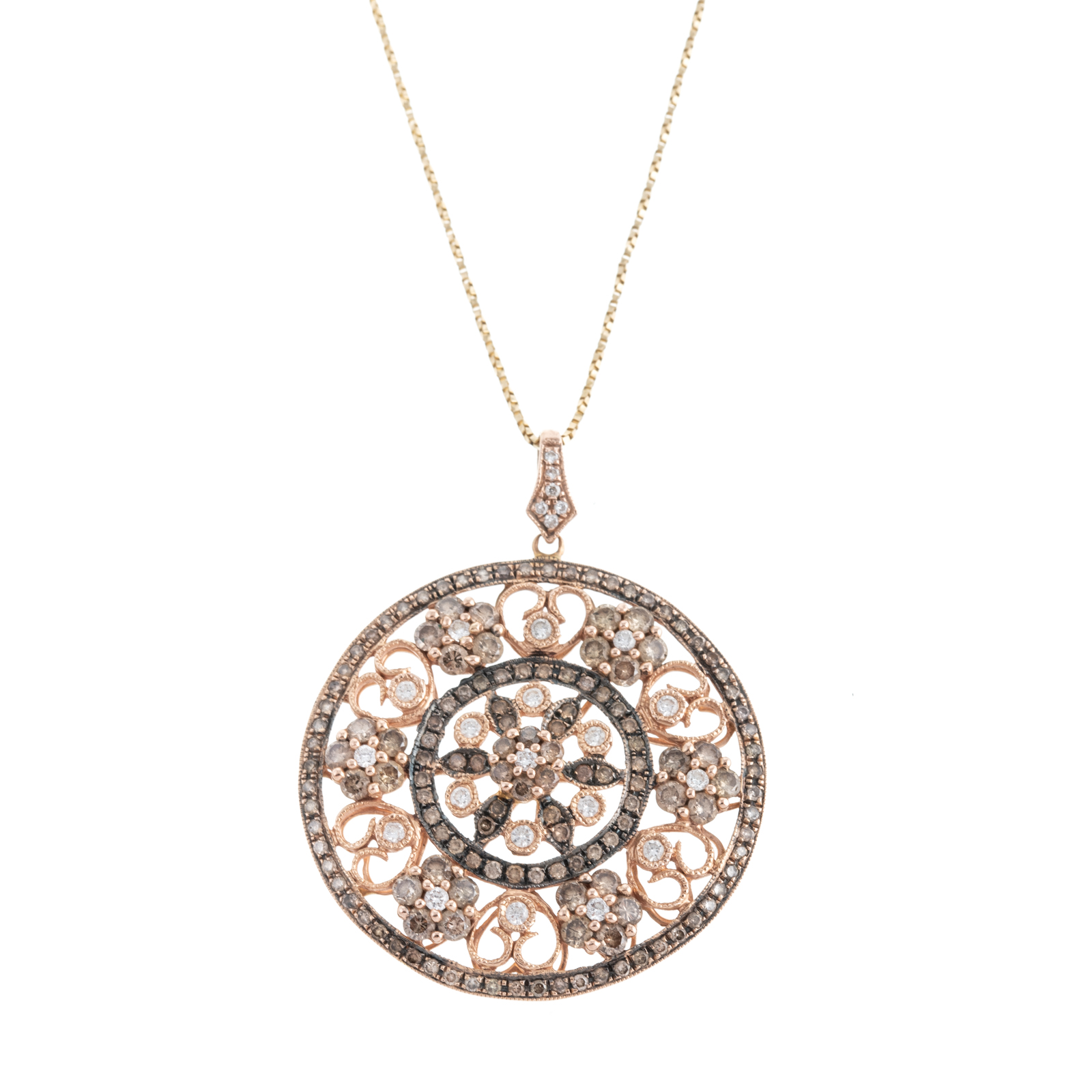 AN OPENWORK DIAMOND PENDANT & CHAIN