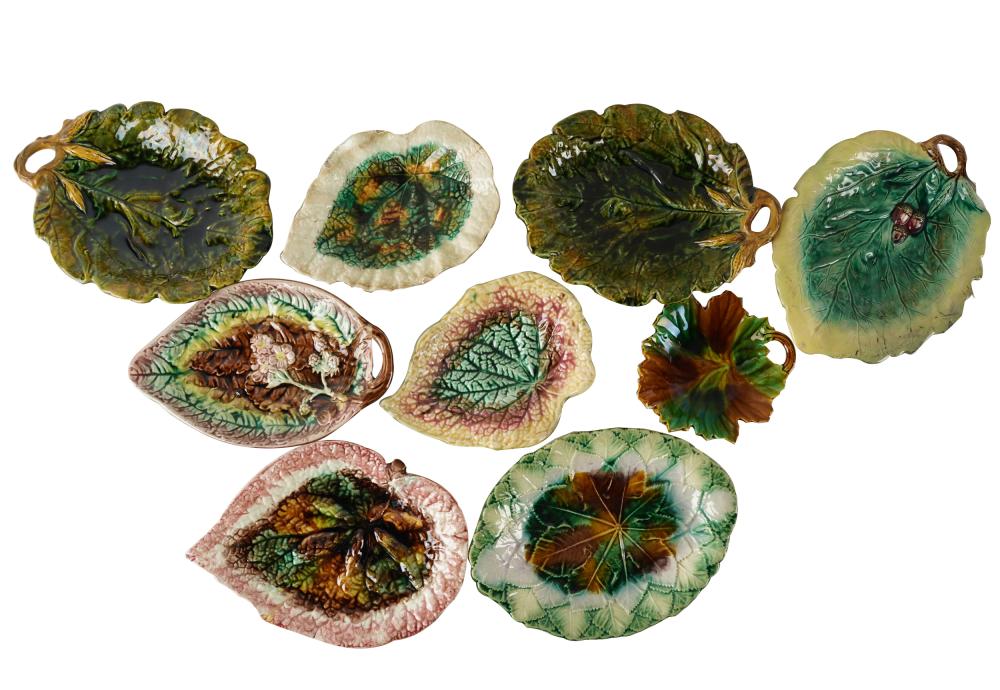 NINE MAJOLICA LEAF DISHESmost unmarked,