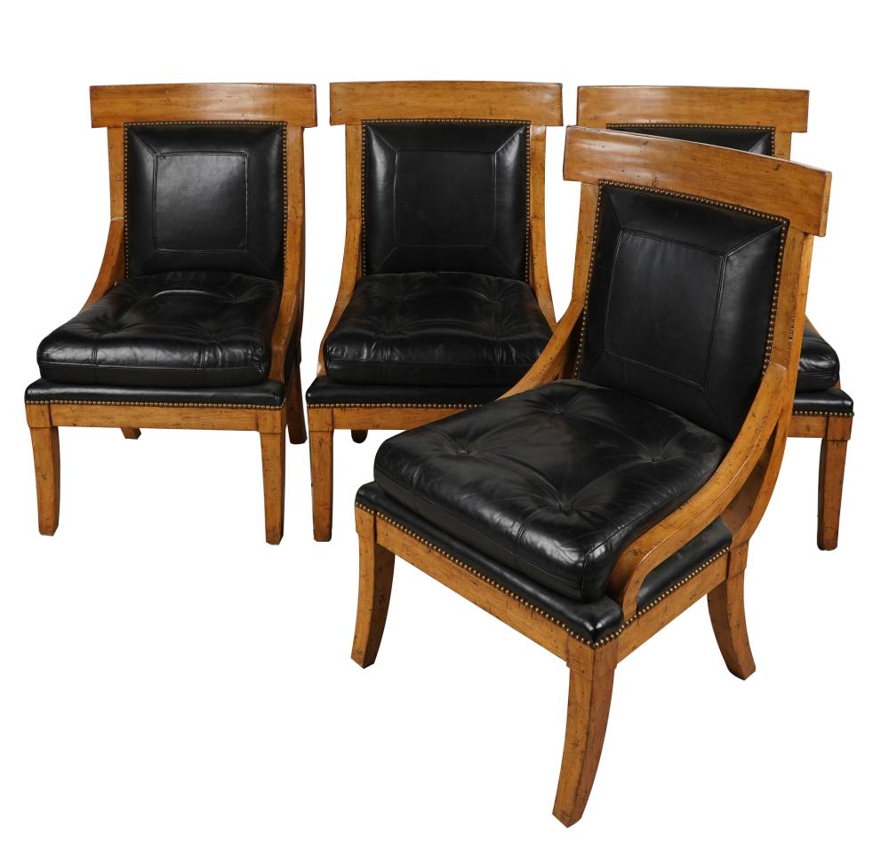 FOUR STAINED WOOD & BLACK LEATHER