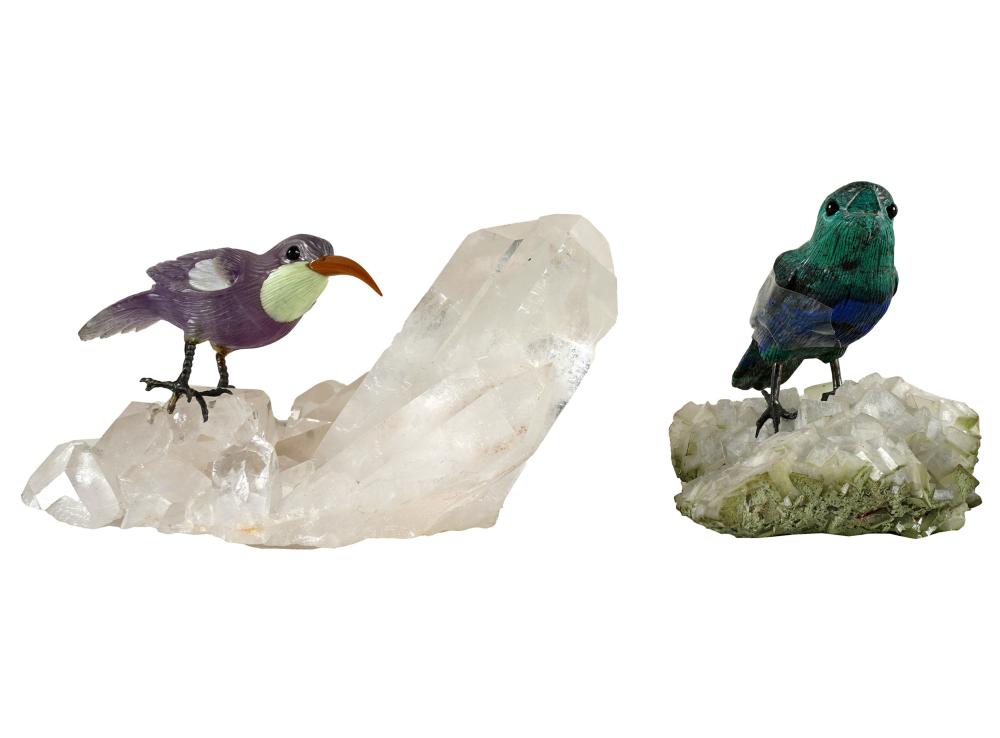 TWO CARVED MINERAL BIRDSwith metal