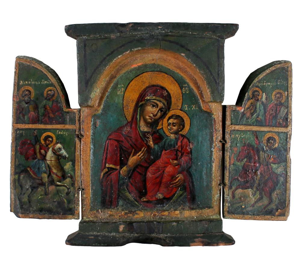 PAINTED WOOD TRIPTYCH ICONwith