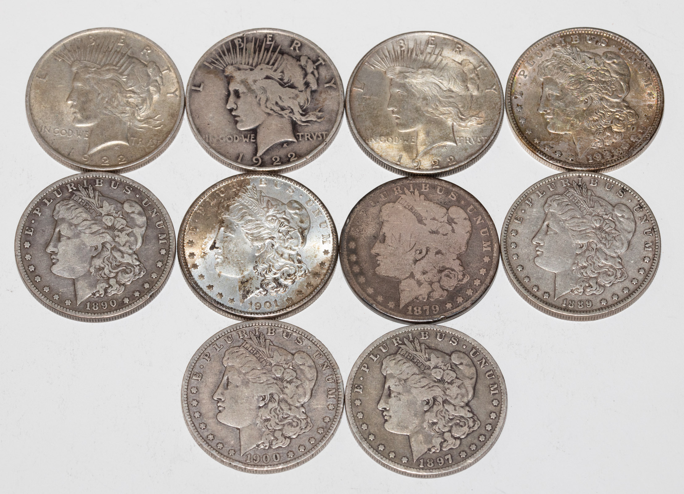 TEN US SILVER DOLLARS 1879 Fr2,