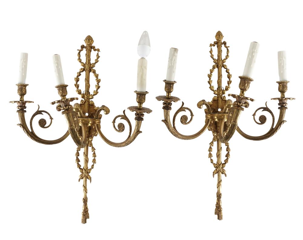 PAIR OF NEOCLASSIC GILT METAL THREE-LIGHT