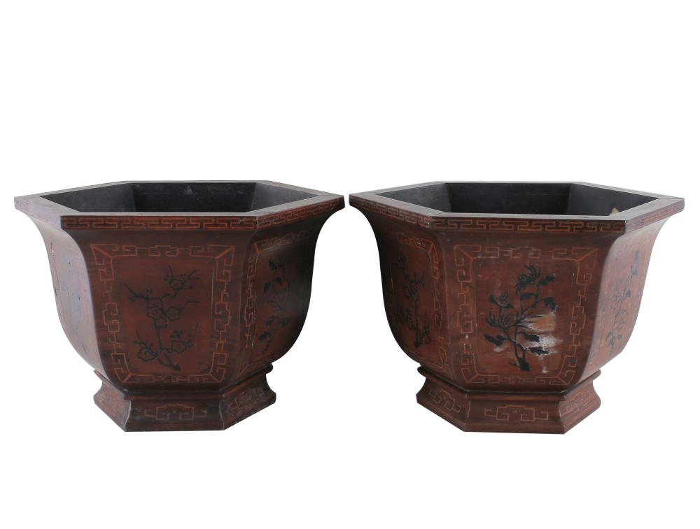 PAIR OF ASIAN WOOD FLOWER POTSunsigned;