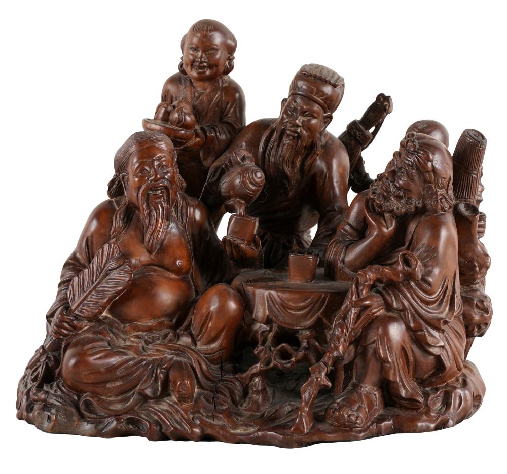 CHINESE CARVED WOOD FIGURAL GROUPappears