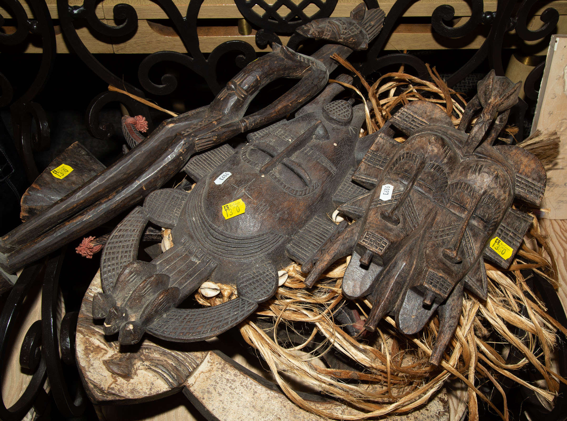 FIVE DECORATIVE AFRICAN WOOD CARVINGS