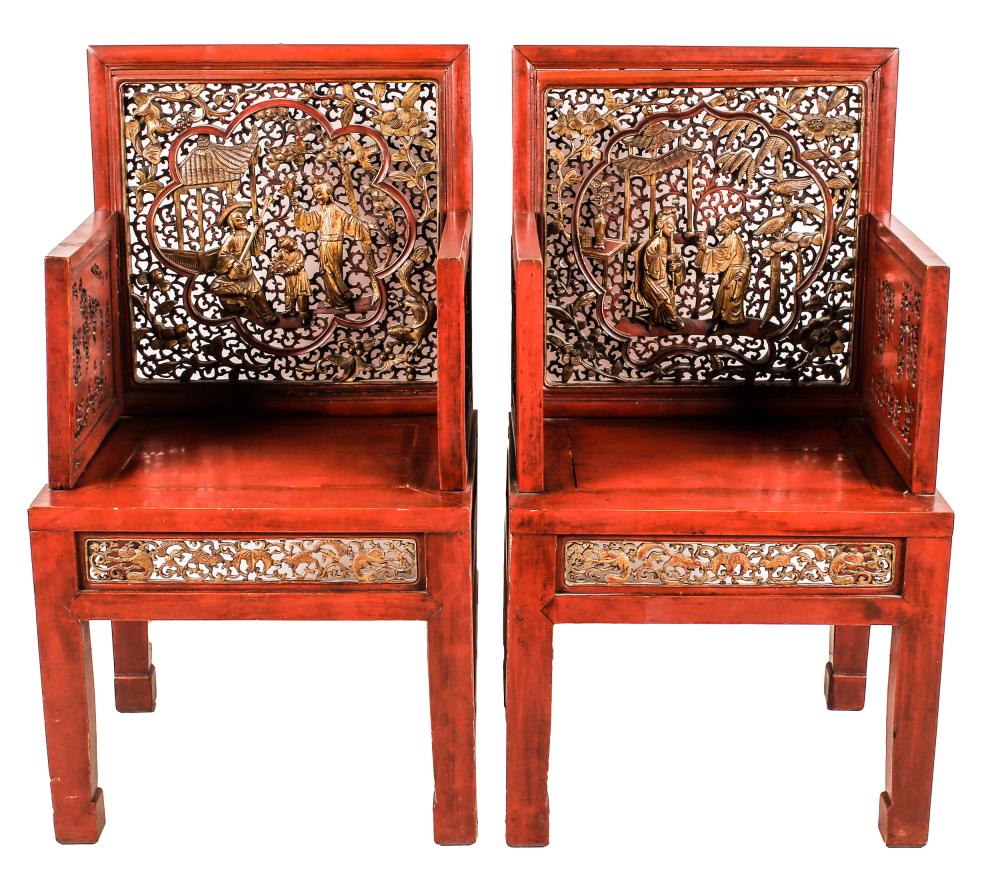 PAIR CHINESE RED & GILT LACQUERED