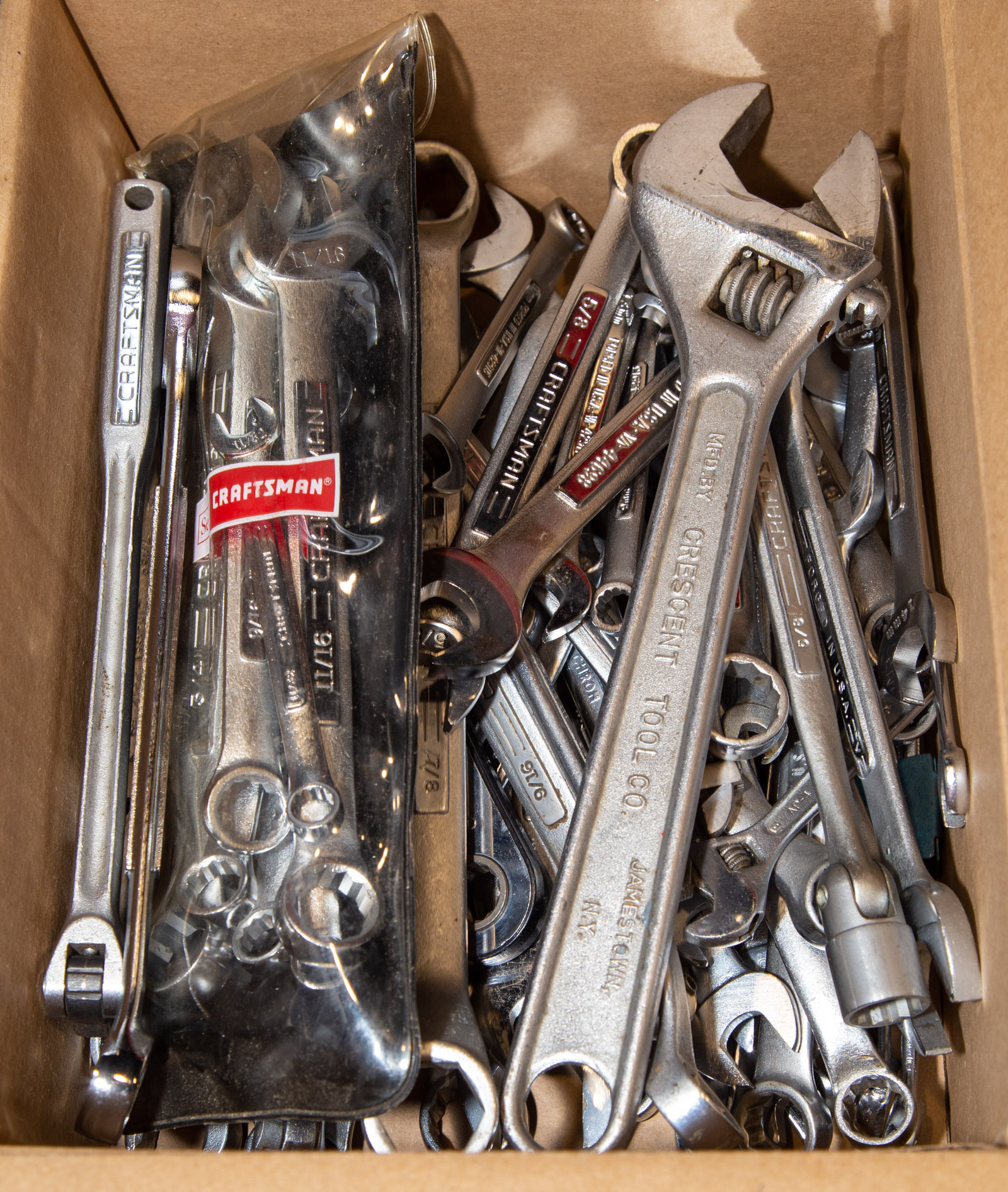 BOX OF CRESCENT, CRAFTSMAN & OTHER WRENCHES