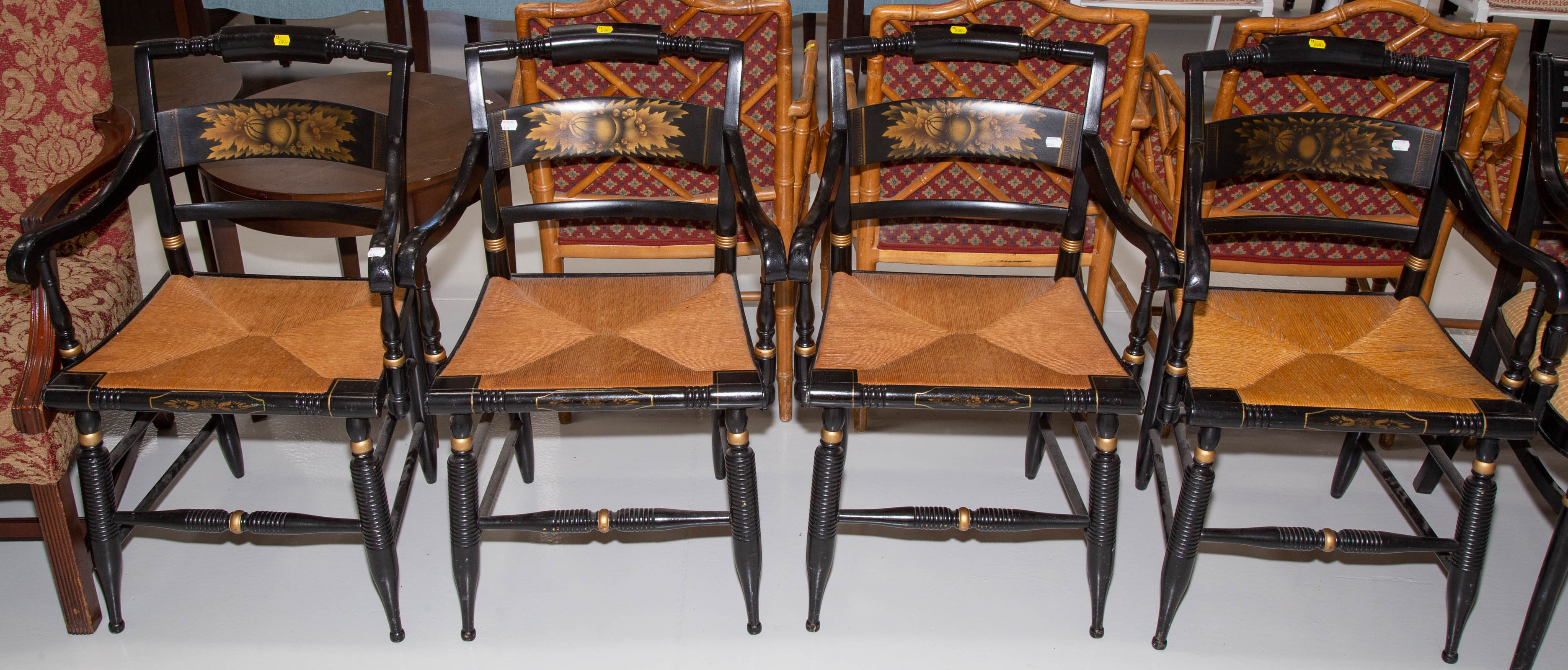 A SET OF FOUR HITCHCOCK STYLE RUSH SEAT