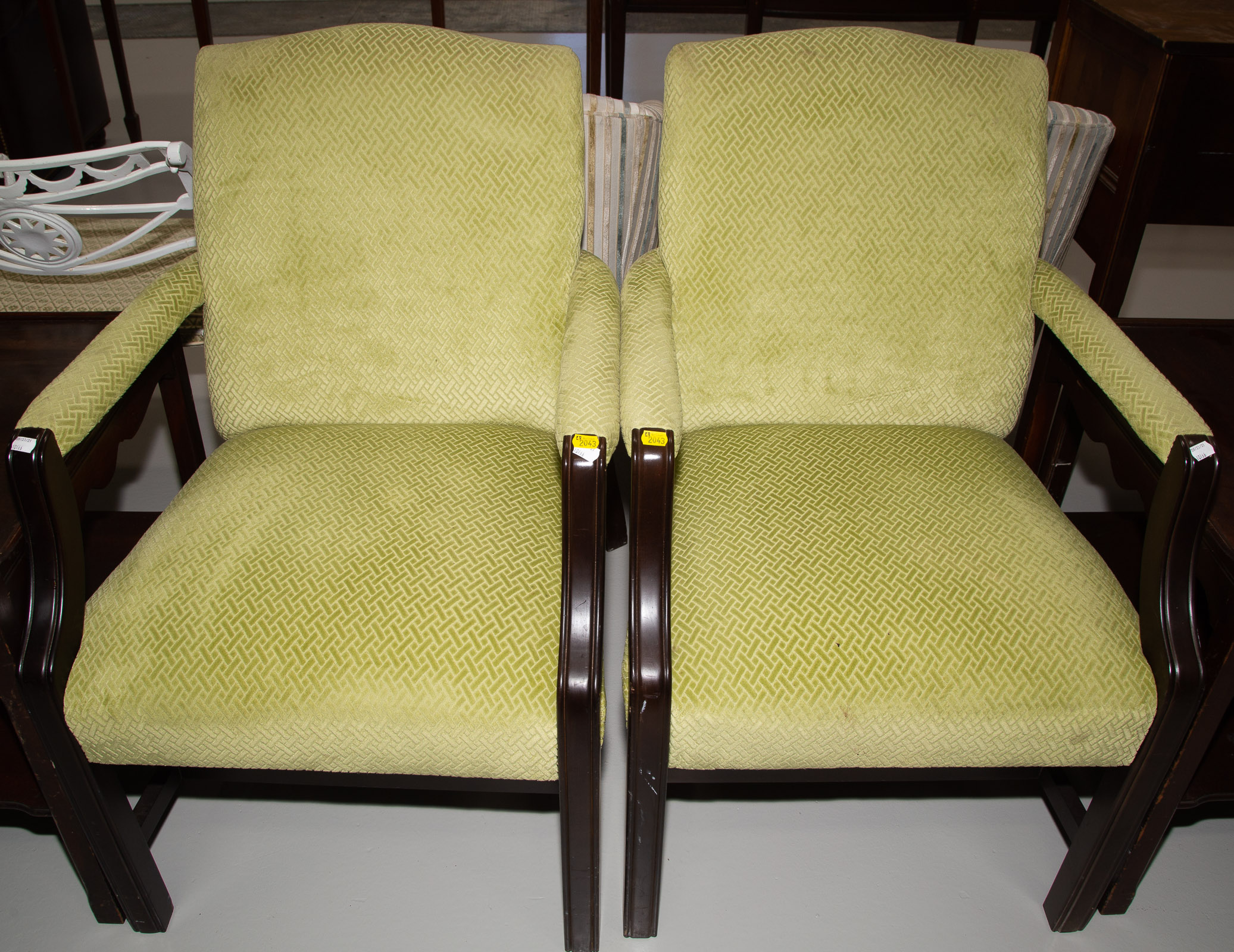 TWO ART DECO STYLE UPHOLSTERED ARM CHAIRS