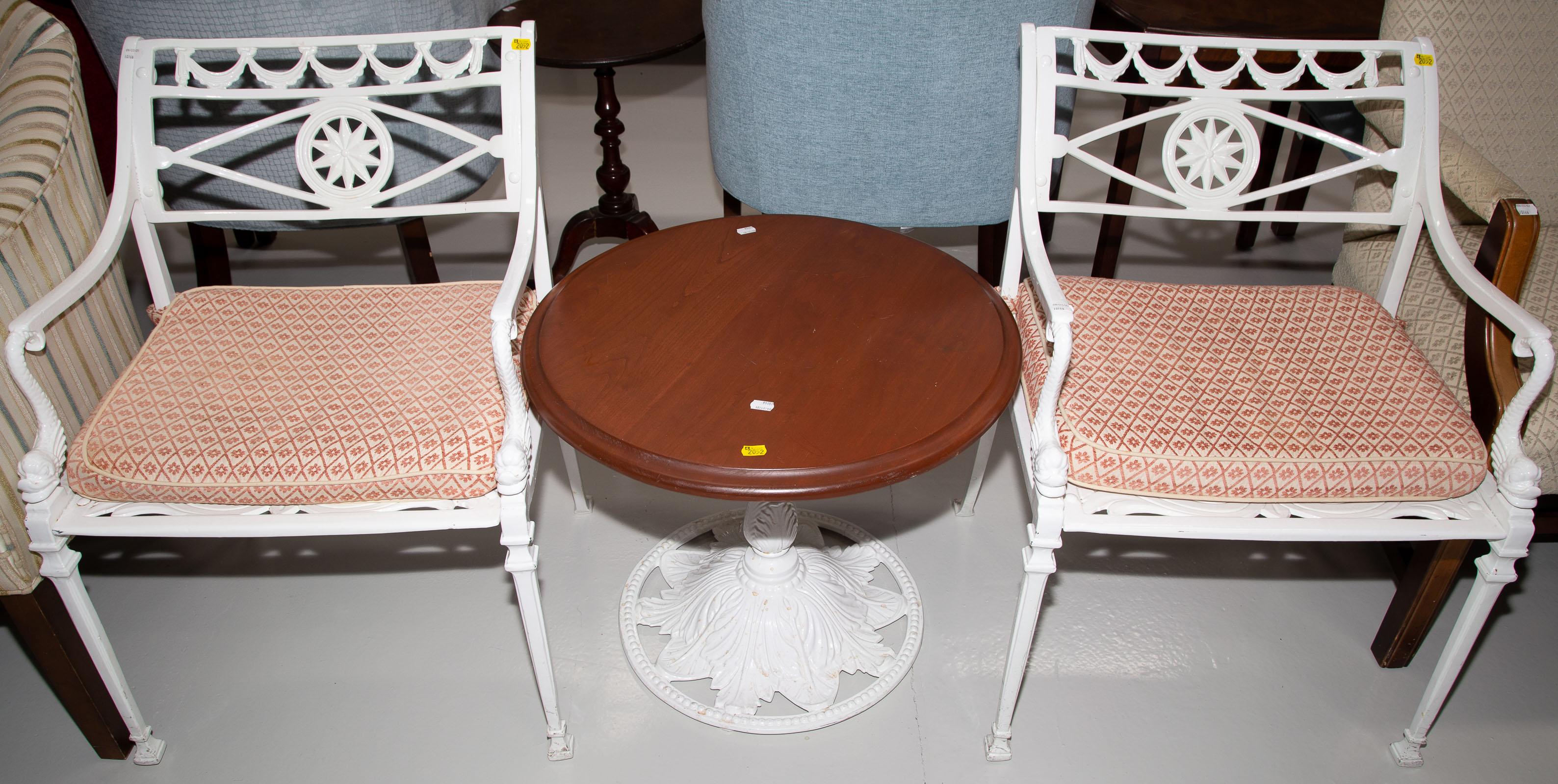 A PAIR OF NEOCLASSICAL IRON CHAIRS &