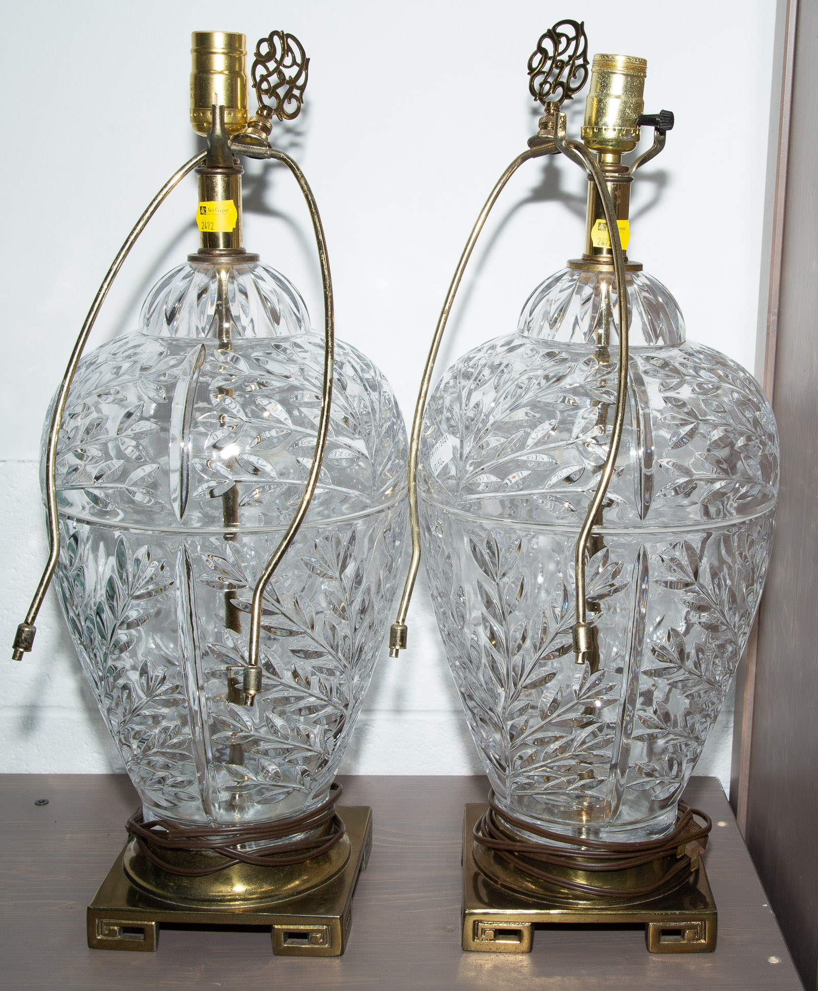 A PAIR OF LARGE BRASS & GLASS TABLE