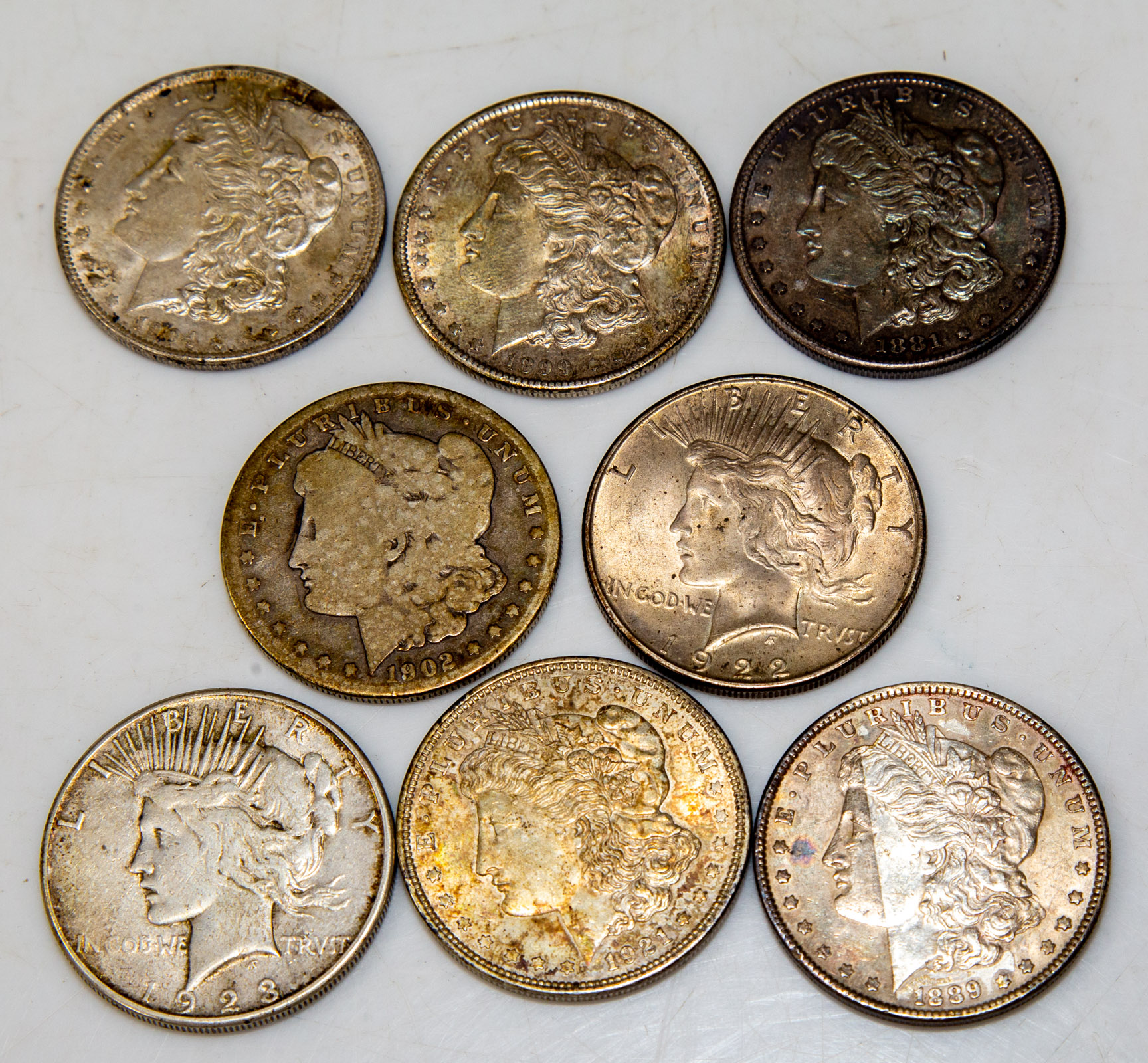 EIGHT MORGAN & PEACE SILVER DOLLAR