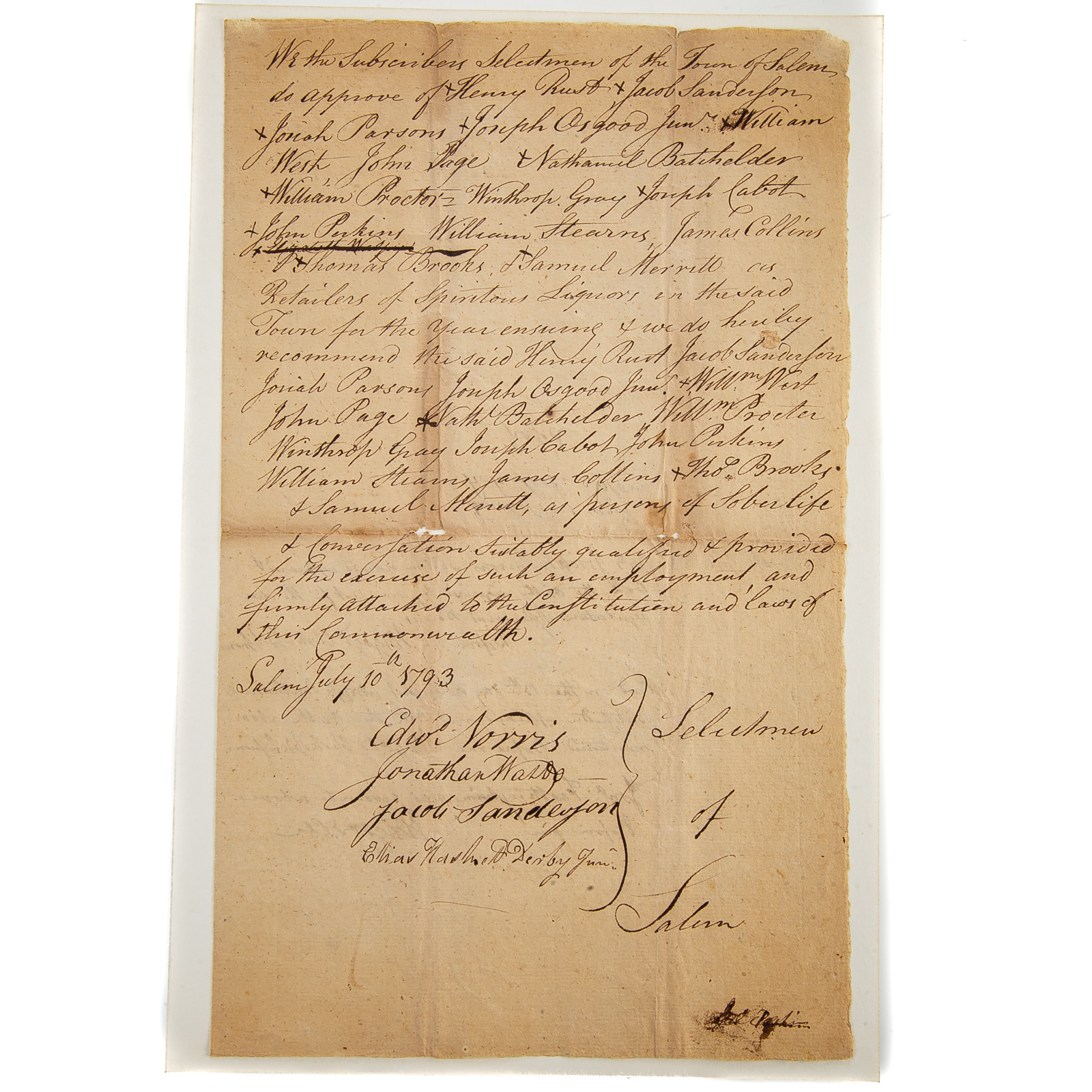 SELECTMEN OF SALEM, MA, DS, 1793 Handwritten