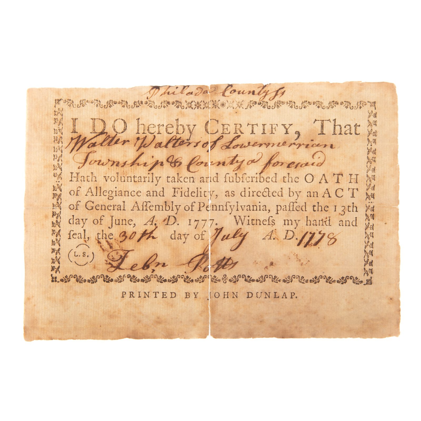 INSCRIBED OATH OF ALLEGIANCE, PRINTED